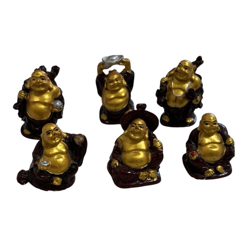 Feng Shui Laughing Happy Buddha Figurines Set of 6 Red/Gold